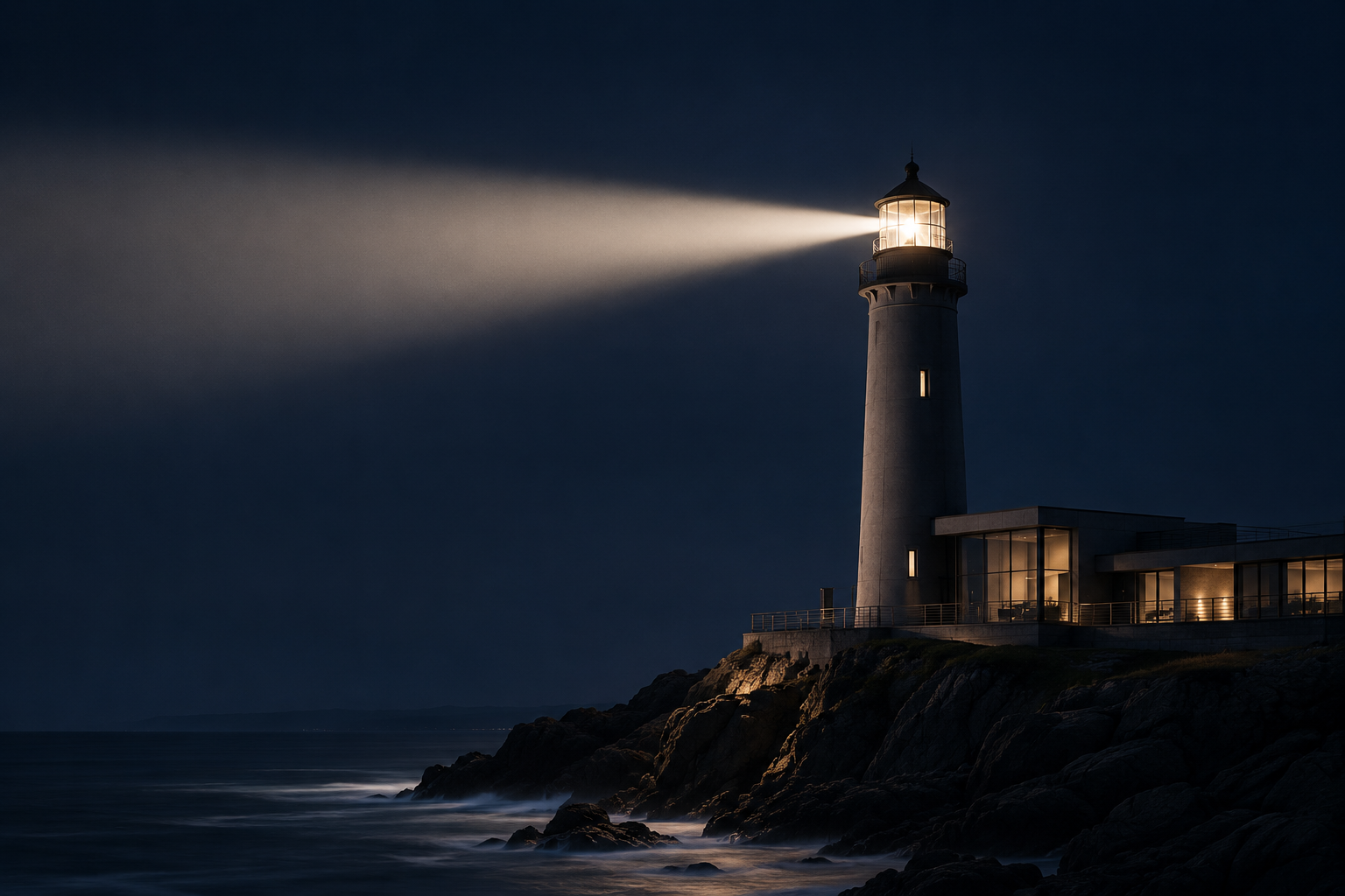 Lighthouse beacon shining across a dark coastline