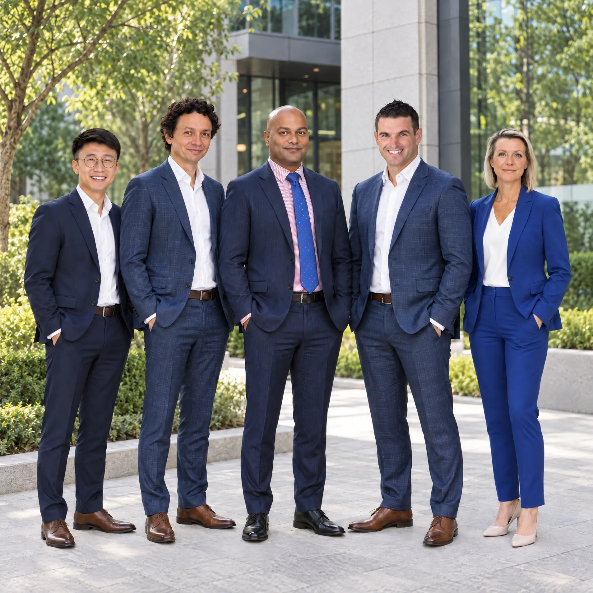 Adam Wong, Anthony Kerr, Aaron Drego, Jeremy Bird and Jessica Taylor outside modern offices