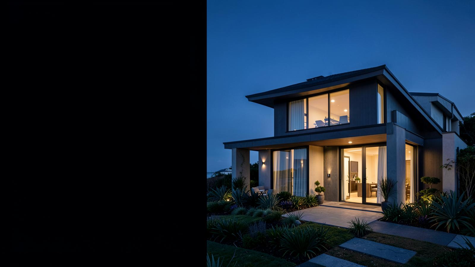 Contemporary Australian home illuminated at blue hour