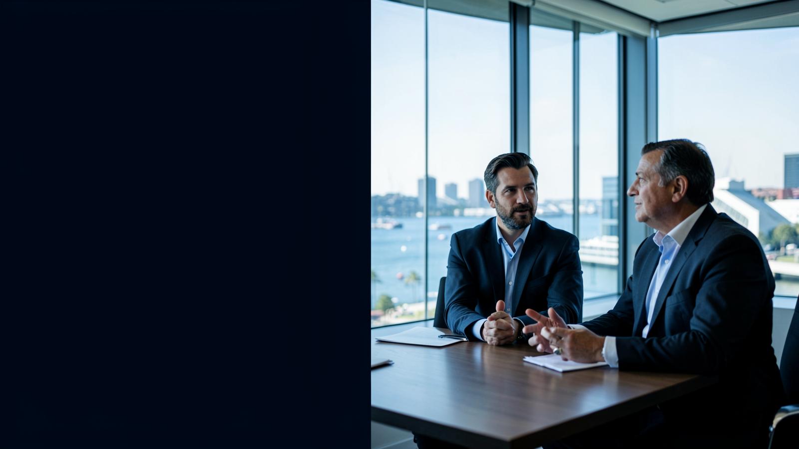 Two finance professionals in conversation by a harbour view