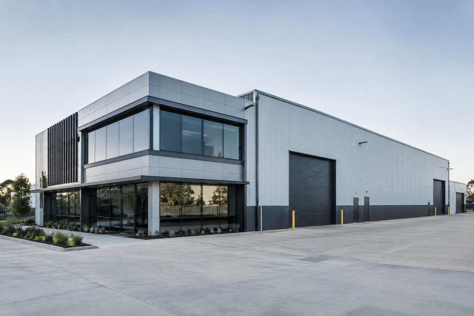 Illustrative image: modern industrial warehouse and office building