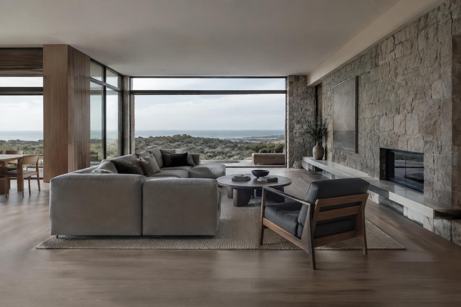 Illustrative image: refined contemporary living room with coastal outlook